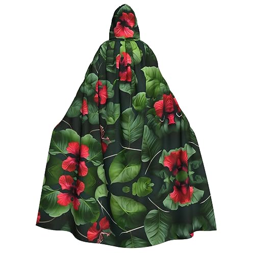 YQxwJL Herren-Kapuzenumhang mit Vegetationsblättern und Hibiskusblumen-Aufdruck, Zauberer-Kapuzenmantel, Hexenumhang, Cosplay, Kostüm, Halloween, Party-Umhang von YQxwJL