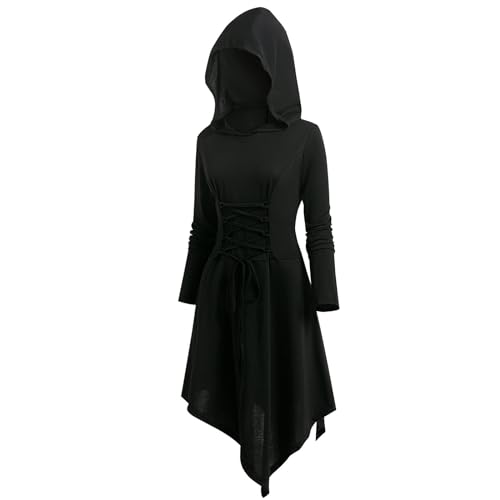 YRTBGD 2024 Neu Gothic Kleid Damen,Mittelalter Kleidung Damen Halloween Kostüm,Renaissance Mit Kapuze Kleid für Halloween Karneval (Gothic Kleid Neu 1, 2XL) von YRTBGD