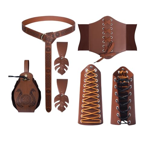 YRTBGD 5 Stück Mittelalter Kleidung für Damen Accessoires Set, Renaissance Viking Renaissance Ritter Deko mit Korsett Gürtel Armschützer Gürteltasche Kleiderklammer für Halloween Karneval (Braun) von YRTBGD