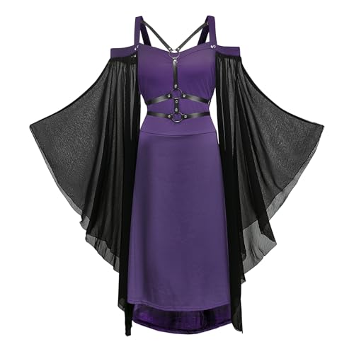 YRTBGD Gothic Kleid Damen Vintage Schwarz Mittelalterliches Kleid mit Trompetenärmeln Gebundene Taille Kleid Halloween Karneval Kostüm für Frauen (Lila, 2XL) von YRTBGD