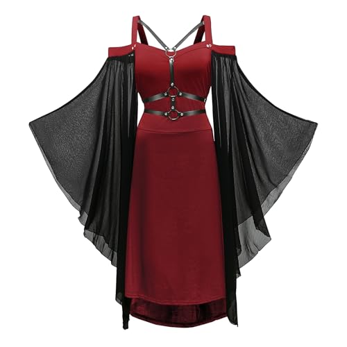 YRTBGD Gothic Kleid Damen Vintage Schwarz Mittelalterliches Kleid mit Trompetenärmeln Gebundene Taille Kleid Halloween Karneval Kostüm für Frauen (Rote, 2XL) von YRTBGD