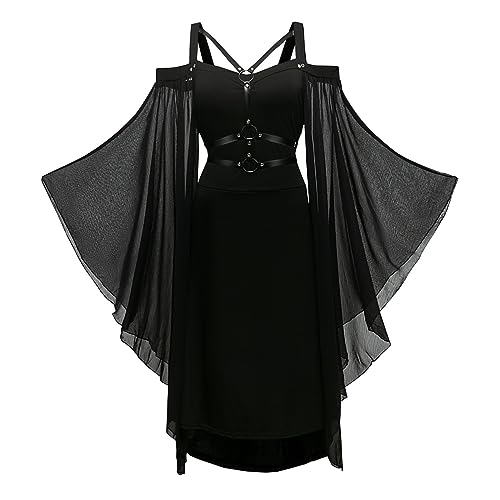 YRTBGD Gothic Kleid Damen Vintage Schwarz Mittelalterliches Kleid mit Trompetenärmeln Gebundene Taille Kleid Halloween Karneval Kostüm für Frauen (Schwarze, 2XL) von YRTBGD