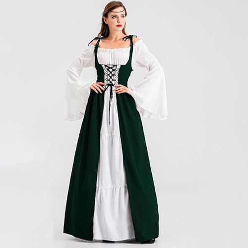 YRTBGD Mittelalter Kleidung Damen Renaissance Kleid Karneval Halloween Kostüm Damen mit Corsett Gürtel Gürteltasche Elfenohren Waldelfen Kopfschmuck Kleiderklammer (Grün, 2XL) von YRTBGD