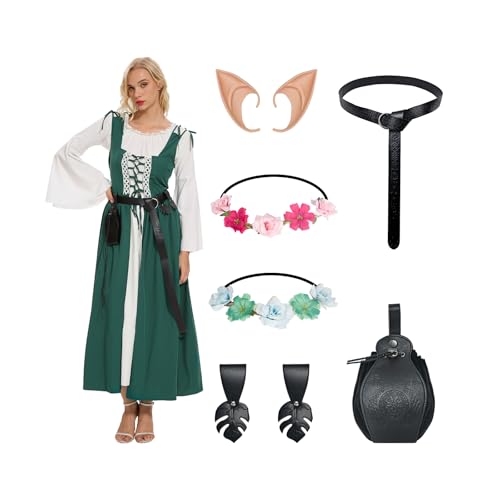 YRTBGD Mittelalter Kleidung Damen Renaissance Kleid Karneval Halloween Kostüm Damen mit Corsett Gürtel Gürteltasche Elfenohren Waldelfen Kopfschmuck Kleiderklammer (Grün, 2XL) von YRTBGD