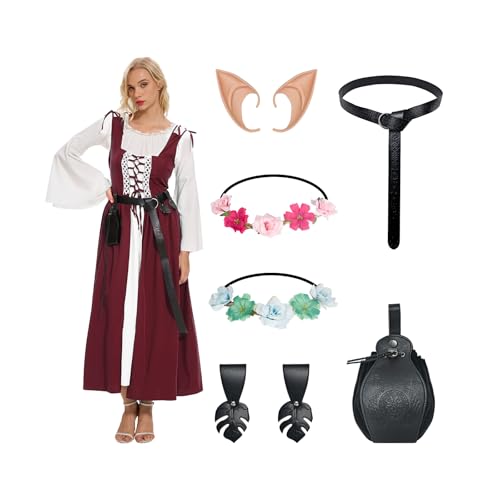 YRTBGD Mittelalter Kleidung Damen Renaissance Kleid Karneval Halloween Kostüm Damen mit Corsett Gürtel Gürteltasche Elfenohren Waldelfen Kopfschmuck Kleiderklammer (Rot, 2XL) von YRTBGD