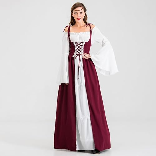 YRTBGD Mittelalter Kleidung Damen Renaissance Kleid Karneval Halloween Kostüm Damen mit Corsett Gürtel Gürteltasche Elfenohren Waldelfen Kopfschmuck Kleiderklammer (Rot, L) von YRTBGD