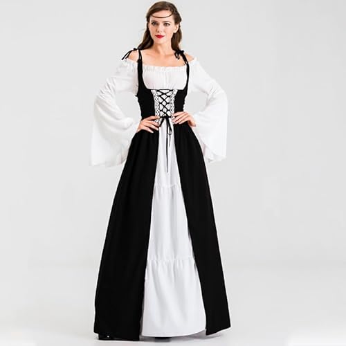 YRTBGD Mittelalter Kleidung Damen Renaissance Kleid Karneval Halloween Kostüm Damen mit Corsett Gürtel Gürteltasche Elfenohren Waldelfen Kopfschmuck Kleiderklammer (Schwarz, 2XL) von YRTBGD