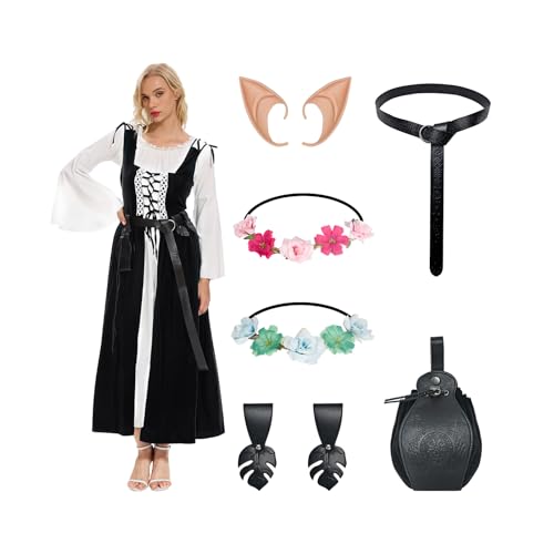 YRTBGD Mittelalter Kleidung Damen Renaissance Kleid Karneval Halloween Kostüm Damen mit Corsett Gürtel Gürteltasche Elfenohren Waldelfen Kopfschmuck Kleiderklammer (Schwarz, 2XL) von YRTBGD