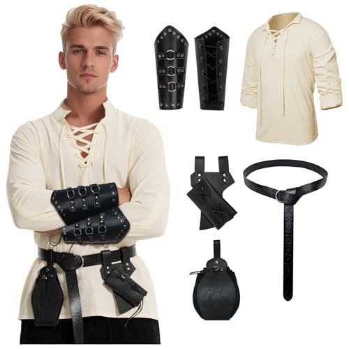 YRTBGD Mittelalter Kleidung Herren,5 Stück Herren Renaissance Viking Kostüm Mittelalter Hemd mit Steampunk Ritter Gürtel Armschützer Gürteltasche Schwert Frosch für Halloween (Beige, 2XL) von YRTBGD