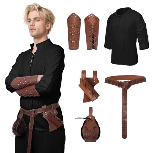 YRTBGD Mittelalter Kleidung Herren,5 Stück Herren Renaissance Viking Kostüm Mittelalter Hemd mit Steampunk Ritter Gürtel Armschützer Gürteltasche Schwert Frosch für Halloween (Schwarz, M) von YRTBGD