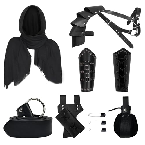 YRTBGD Mittelalterliches Ritterkostüm Zubehör Set mit Mittelalterlichem Gürtel Retro-Kopftuch Steampunk-Schulterpanzer Armschützer Gürteltasche Schwert Frosch für Halloween (Schwarz) von YRTBGD