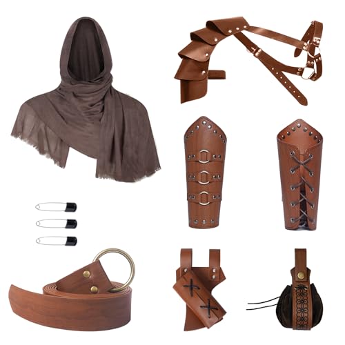 YRTBGD Mittelalterliches Ritterkostüm Zubehör Set mit Mittelalterlichem Gürtel Retro-Kopftuch Steampunk-Schulterpanzer Armschützer Gürteltasche Schwert Frosch für Halloween (Braun) von YRTBGD