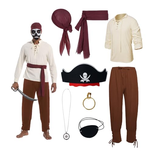 YRTBGD Piratenkostüm Herren Mittelalter Kleidung Herren mit Mittelalter Hemd Hose Herren Piraten Bandana Gürtel Augenklappe Halskette Ohrringe für Halloween Karneval (Braun, 2XL) von YRTBGD