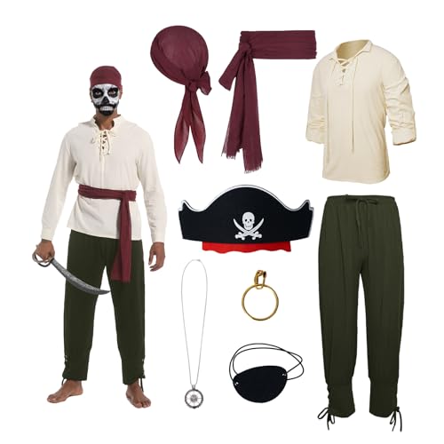 YRTBGD Piratenkostüm Herren Mittelalter Kleidung Herren mit Mittelalter Hemd Hose Herren Piraten Bandana Gürtel Augenklappe Halskette Ohrringe für Halloween Karneval (Grün, 2XL) von YRTBGD