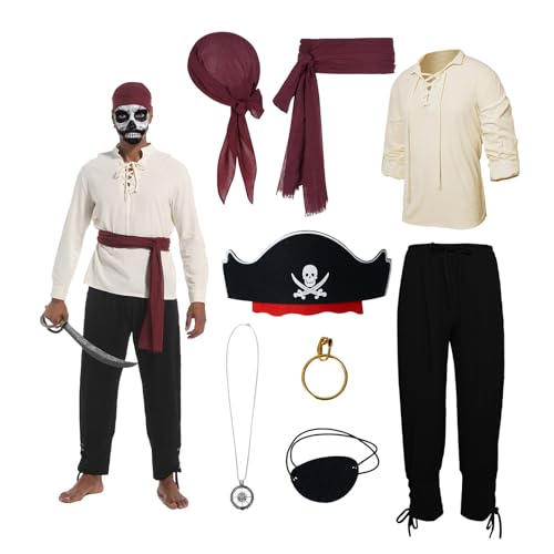 YRTBGD Piratenkostüm Herren Mittelalter Kleidung Herren mit Mittelalter Hemd Hose Herren Piraten Bandana Gürtel Augenklappe Halskette Ohrringe für Halloween Karneval (Schwarz, L) von YRTBGD