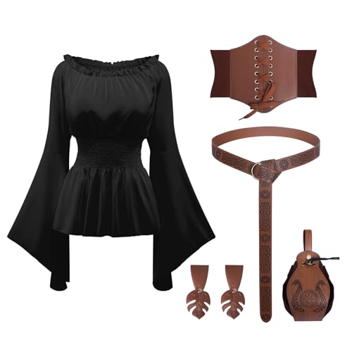 YRTBGD Piratenkostüm Mittelalter Kleidung Damen Vintage Bluse mit Korsett Gürtel Gürteltasche für Halloween Karneval (Schwarz, M) von YRTBGD