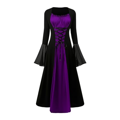 YRTBGD Renaissance Kostüm Frauen Mittelalterliches Kleid mit Trompetenärmel Gothic Kleid Damen Mittelalter Kleidung Damen für Halloween Karneval (Schwarze Lila, 2XL) von YRTBGD