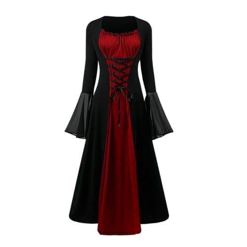 YRTBGD Renaissance Kostüm Frauen Mittelalterliches Kleid mit Trompetenärmel Gothic Kleid Damen Mittelalter Kleidung Damen für Halloween Karneval (Schwarze Rote, 2XL) von YRTBGD