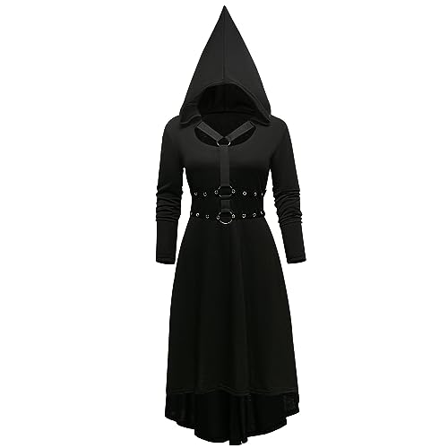 YRTBGD Renaissance Vintage Kapuzenkleid Gothic Kleid Damen Mittelalter Kleidung Damen Halloween Karneval Cosplay Kleidung (Schwarz mit Kapuze, 2XL) von YRTBGD