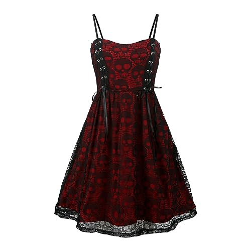 YRTBGD Retro Rockabilly Skull Kleid A-Linie Boho Cocktail Kleid Damen Sleeveless Elegant Strapskleid Weinlese Halloween Karneval Party Kleider (Rot und Spitze, L) von YRTBGD