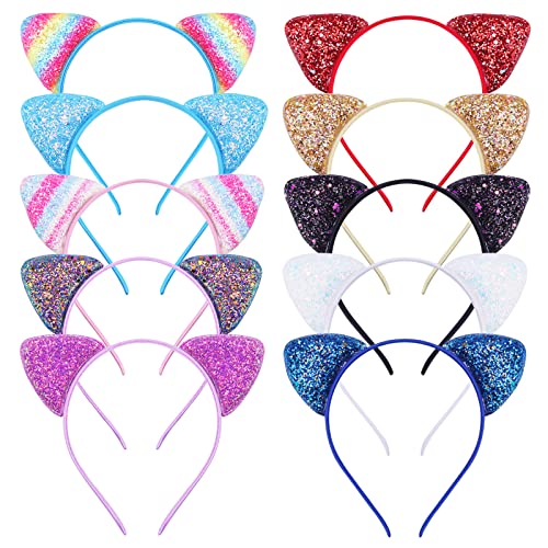 YSTrillion Ears Headband Katzenohren Stirnband,10 Stücke Haarreifen mit Katzenohren,Pailletten Katze Stirnband,Stirnband Haarband Für Frauen Mädchen Tägliche Leben Party von YSTrillion