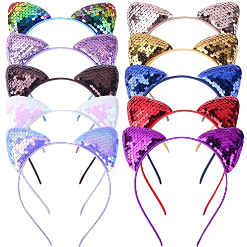 YSTrillion Hair Clip,Katzenohren Stirnband,10 Stücke Pailletten Katze Stirnband, Haarreifen mit Katzenohren,Stirnband Haarband Für Frauen Mädchen Tägliche Leben Party von YSTrillion