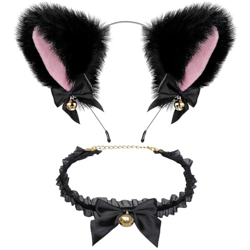 YSTrillion Katzenohren Stirnband,2 Stücke Cosplay Plüsch Haarreifen mit Glocke und Bowknot,Cat Ears Headband Haarschmuck,Katzen Ohren Stirnband für Halloween Karneval Party von YSTrillion