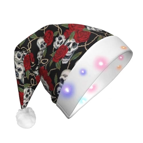 YSZJZLYE Coole LED-Weihnachtsmütze mit Totenkopf- und Rosen-Druck, für Erwachsene, festliches Urlaubszubehör von YSZJZLYE