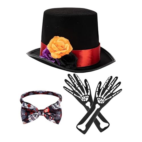 Herren-Skelett-Kostüm, Herren-Kostüm Zubehör für Halloween Cosplay,3pcs Halloween Skelett Halloween Kostüm Set - Rose Design Halloween Hüte für Männer Halloween Kostüme für Männer Verstellbar von YTGOCN