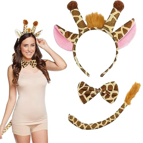 YTOOK Tier Kostüm Set, Giraffe Stirnband Fliege Schwanz 3Pcs Kostüm Tier Stirnband Tier Verkleidung Party Dekoration Zubehör Weltbuch Tag Halloween Karneval von YTOOK