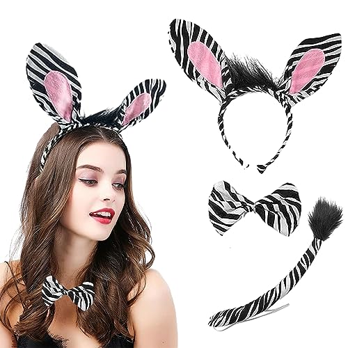 YTOOK Tier Kostüm Set, Zebra Stirnband Fliege Schwanz 3Pcs Kostüm Tier Stirnband Tier Verkleidung Party Dekoration Zubehör Weltbuch Tag Halloween Karneval von YTOOK