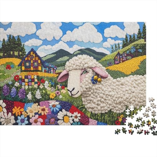 Puzzles Für Erwachsene, 1000 Teile Holzpuzzle -Wooly Sheep,Grandma Moses Folk Art Style Thema Puzzle Geschenk Wanddekoration 1000pcs (75x50cm) von YTPONBCSTUG