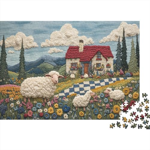 Wooly Sheep 1000 Teile Puzzle Nachhaltiges Puzzle Für Erwachsene | Hochwertige Umweltfreundliche Materialien |Geschenk Für Erwachsene|Grandma Moses Folk Art Style 1000pcs (75x50cm) von YTPONBCSTUG