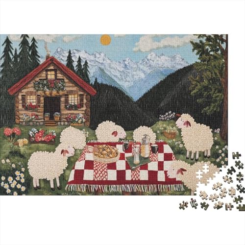 Wooly Sheep Puzzle 1000 Teile,Geschicklichkeitsspiel Für Die Ganze Familie, Grandma Moses Folk Art Style Puzzles 1000 Teile,Farbenfrohes Holz Puzzle Für Erwachsene 1000pcs (75x50cm) von YTPONBCSTUG