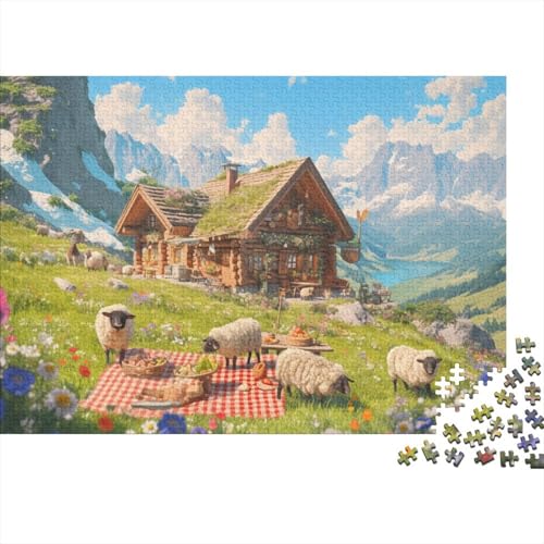 Wooly Sheep Puzzle 1000 Teile,Geschicklichkeitsspiel Für Die Ganze Familie, Grandma Moses Folk Art Style Puzzles 1000 Teile,Farbenfrohes Holz Puzzle Für Erwachsene 1000pcs (75x50cm) von YTPONBCSTUG