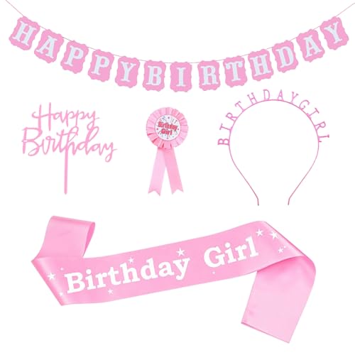 Geburtstag Schärpe für Mädchen, Rosa Geburtstag Mädchen Stirnband Happy Birthday Banner Geburtstag Abzeichen Kuchen Topper Geburtstag Krone Set von YTSMFL