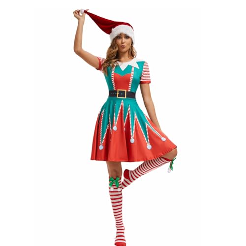 YTWS Clown Hässliches Weihnachtskleid für Damen, 3D-Druck, kurzärmelig, mit hohen Socken, Nikolausmütze von YTWS