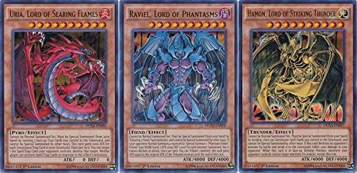 Sacred Beast/ YUGIOH GOD Cards: DUSA-EN096 Uria, Lord of Searing Flames (Ultra Rare), DUSA-EN098 Raviel, Lord of Phantasms (Ultra Rare) & DUSA-EN097 Hamon, Lord of Striking Thunder (Ultra Rare) von YU-GI-OH!