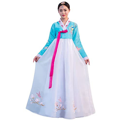 YUDATPG Hanbok-Kleid-Set für Damen, langärmelig, koreanisch, traditionell, Palast, Hochzeit, Tanz, Cosplay, Halloween-Kostüm (Blau-Weiß, M) von YUDATPG