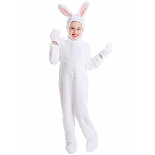 YUDATPG Kinder-Osterhasen-Kostüm, weißer Hase, Tier, Plüsch-Set, Einteiler für Kinder, Weihnachten, Halloween, Cosplay, Einteiler-Kostüm (weiß, 10–12 Jahre) von YUDATPG