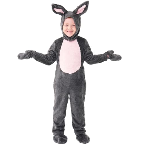 YUDATPG Kinder-Osterhasenkostüm, graues Kaninchen-Tier-Plüsch-Set, Einteiler für Kinder, Weihnachten, Halloween, Cosplay, Einteiler-Kostüm (grau, 10–12 Jahre) von YUDATPG