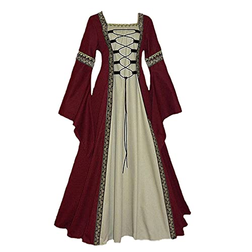 YUDATPG Mittelalterliches Kleid für Damen, Renaissance-Kleid, viktorianisches Ballkleid, Gothic-Trompete, langärmeliges Kleid für Halloween, Kostüm, irisches Cosplay, rot, 38 von YUDATPG