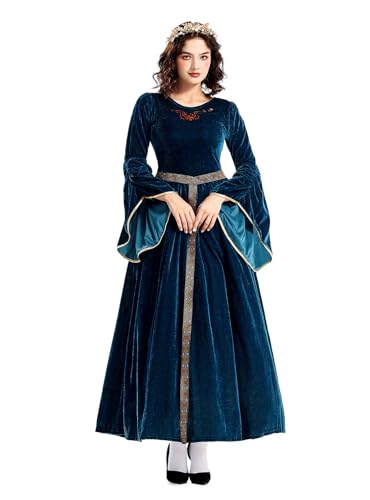 YUDATPG Renaissance-Kleid für Damen, Mittelalter-Kostüm für Damen, langes Kleid, Übergröße, Samt, Queen-Kleid, Halloween-Kostüm (Blau, XL) von YUDATPG