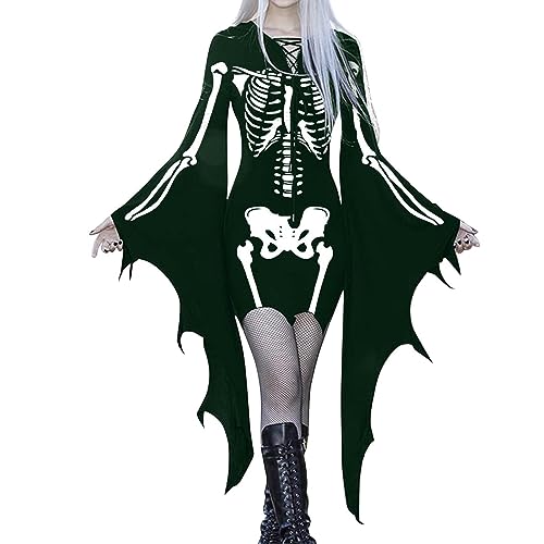 YUE Damen Halloween Kostüm Gruselige Fledermausärmel Kleider Festlich Retro Kleid Cosplay Kostüm Halloween Kostüm Böse Abendkleid Schwarze Robe (AG, XXXL) von YUE