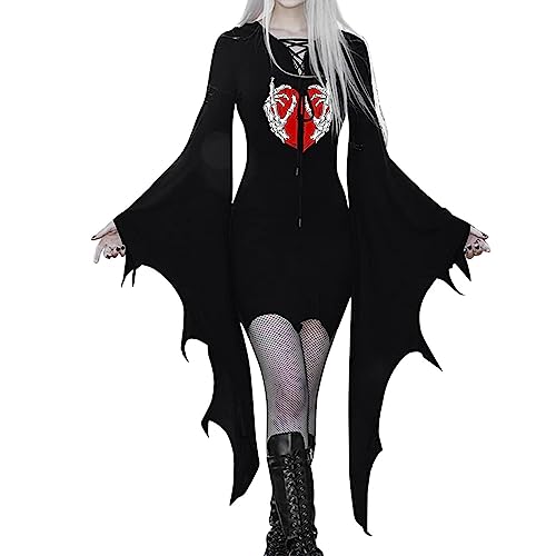 YUE Damen Halloween Kostüm Gruselige Fledermausärmel Schwarz Minikleid Cosplay Kostüm Halloween Kostüm Lange Kleid Karneval Ausführen Kostüme (Red, S) von YUE