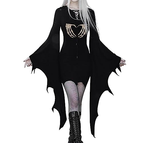YUE Damen Halloween Kostüm Gruselige Gothic Kleidung Fledermausärmel Kleider Faschingskostüme Cosplay Halloween Böse Abendkleid Karneval Ausführen Kostüme (Beige, M) von YUE