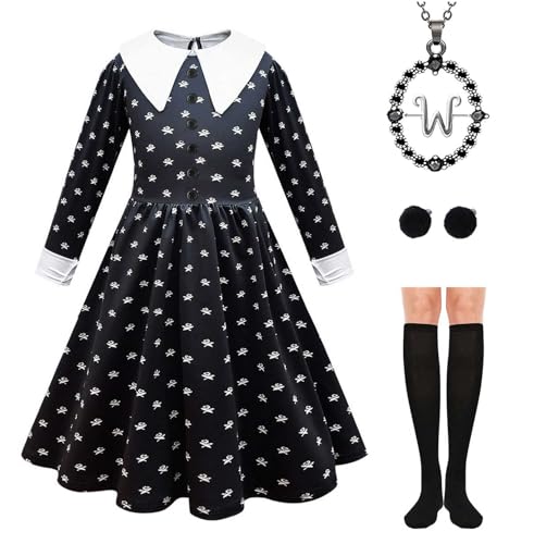 YUEGOO Schwarzes Kostümkleid für Mädchen, Halloween-Kostüme, Cosplay, Partykleid mit Zubehör, 3–12 Jahre (Schwarz + Weiß, 11–12 Jahre) von YUEGOO