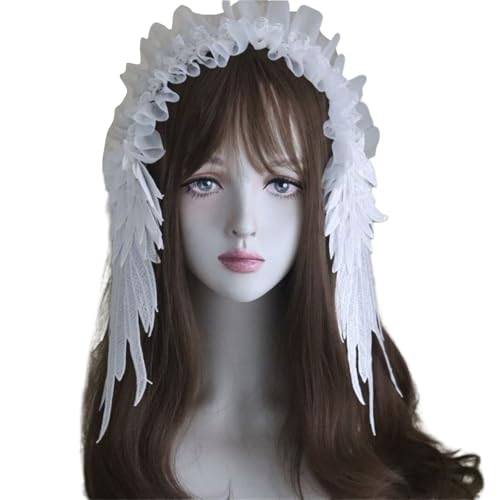 YUEHUINIAO Angelic Wing Anime Stirnband mit Spitze Rüschen Trim Verstellbares Süßes Spitze Stirnband Cosplay Zubehör für Frauen und Mädchen von YUEHUINIAO