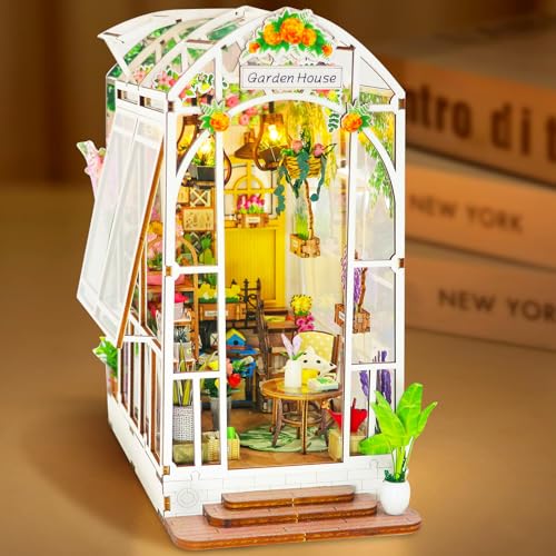 YUEJIDZ DIY Book Nook Kit Gartenhaus,Miniatur Haus Bastelset mit Möbeln und LED-Licht,3D Puzzle Booknook Aus Holz Basteln Bastelset Geschenke für Erwachsene und Kinder,Diorama Modelbau Deko zum Baue von YUEJIDZ