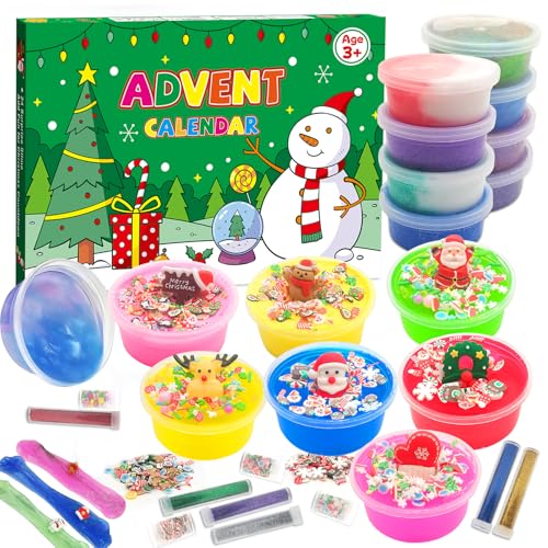 Schleim Adventskalender 2024 für Jungen Mädchen, Flauschigen Slime Kinder Weihnachten Vorteil Kalender 24 Tage, Weihnachten Überraschungen Geschenk mit Unterschiedliche Textur Schleim Kit von YUEJIDZ